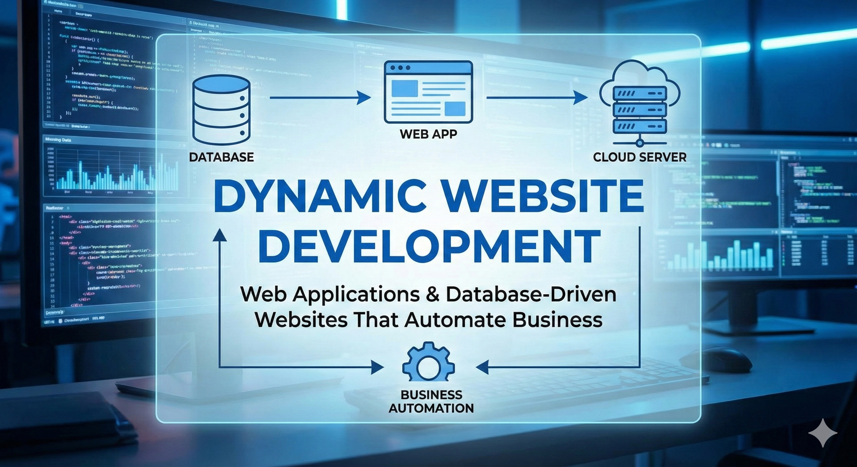 Dynamic website development with database, web application and cloud server workflow