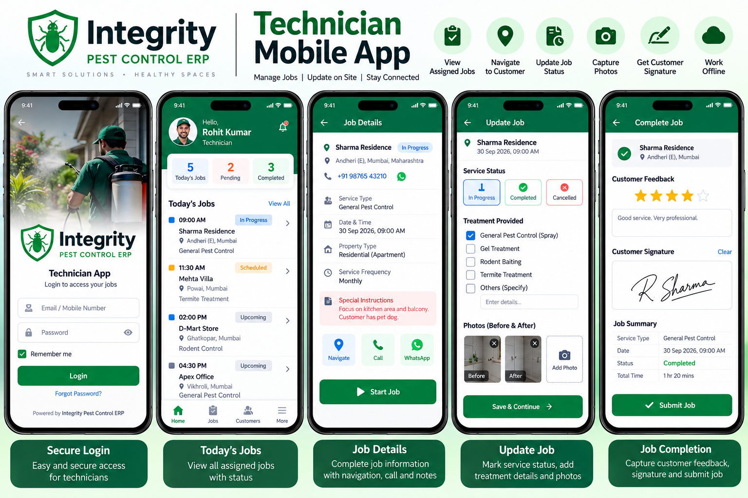 Integrity Pest Control technician mobile app for job scheduling, service updates and customer signatures