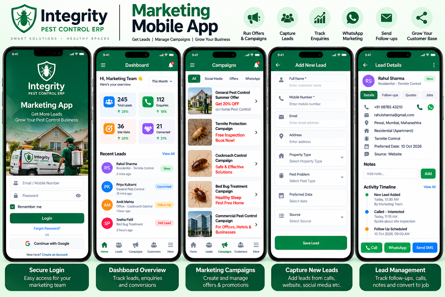 Integrity Pest Control marketing mobile app for campaigns, enquiries, leads and follow-ups